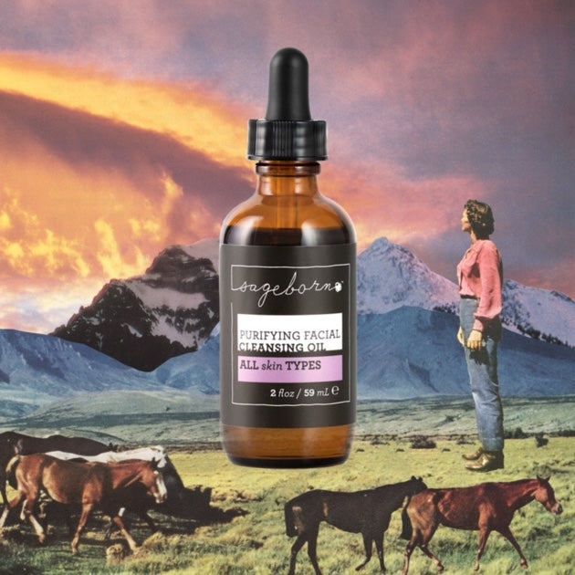 Purifying Facial Cleansing Oil organic skin care, bottle with scenic background