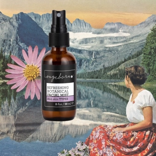Refreshing Botanical Facial Mist organic skin care, bottle with scenic background
