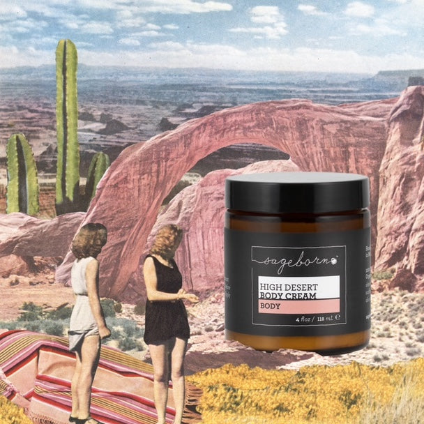 High Desert Body Cream organic skin care, jar with scenic background