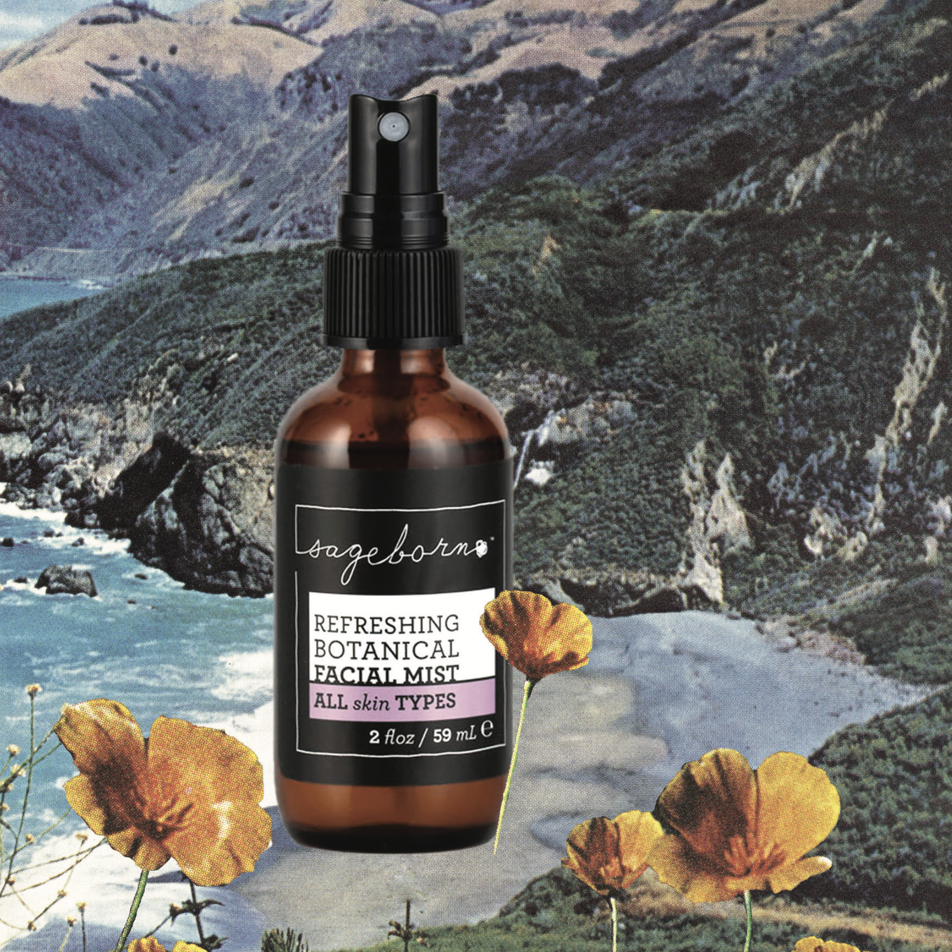 Refreshing Botanical Facial Mist organic skin care, bottle with scenic background