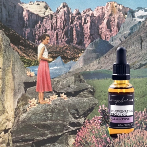 Rejuvenating Facial Oil organic skin care, scenic background
