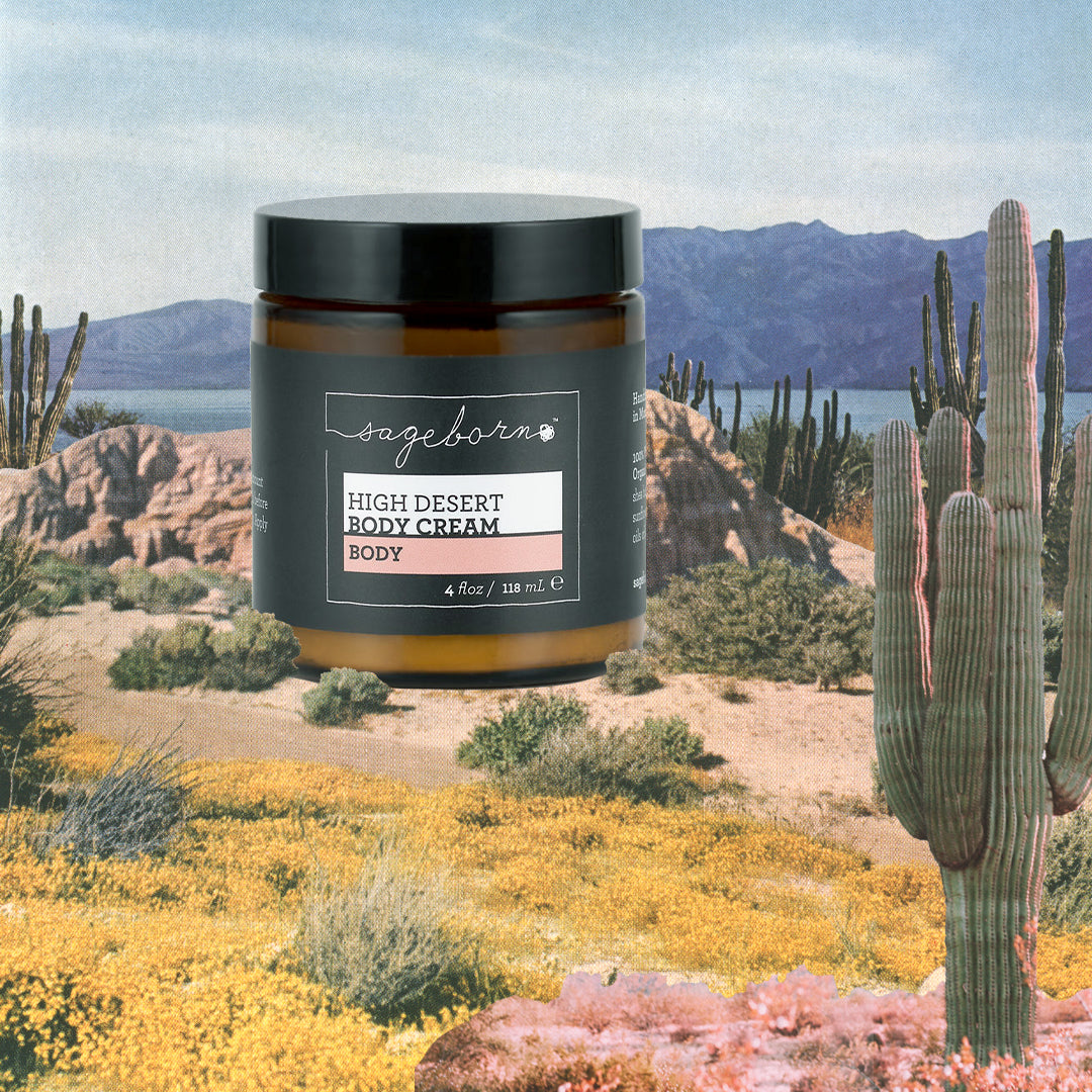 High Desert Body Cream organic skin care, jar with scenic background