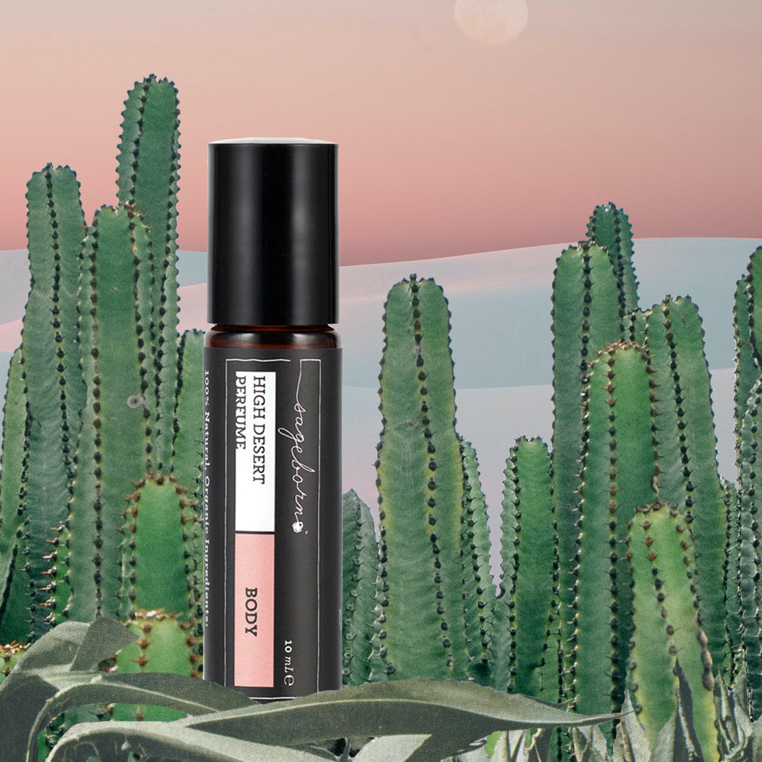 High Desert Perfume organic skin care, bottle with scenic background