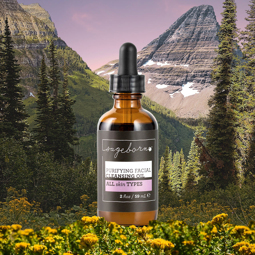 Purifying Facial Cleansing Oil organic skin care, bottle with scenic background