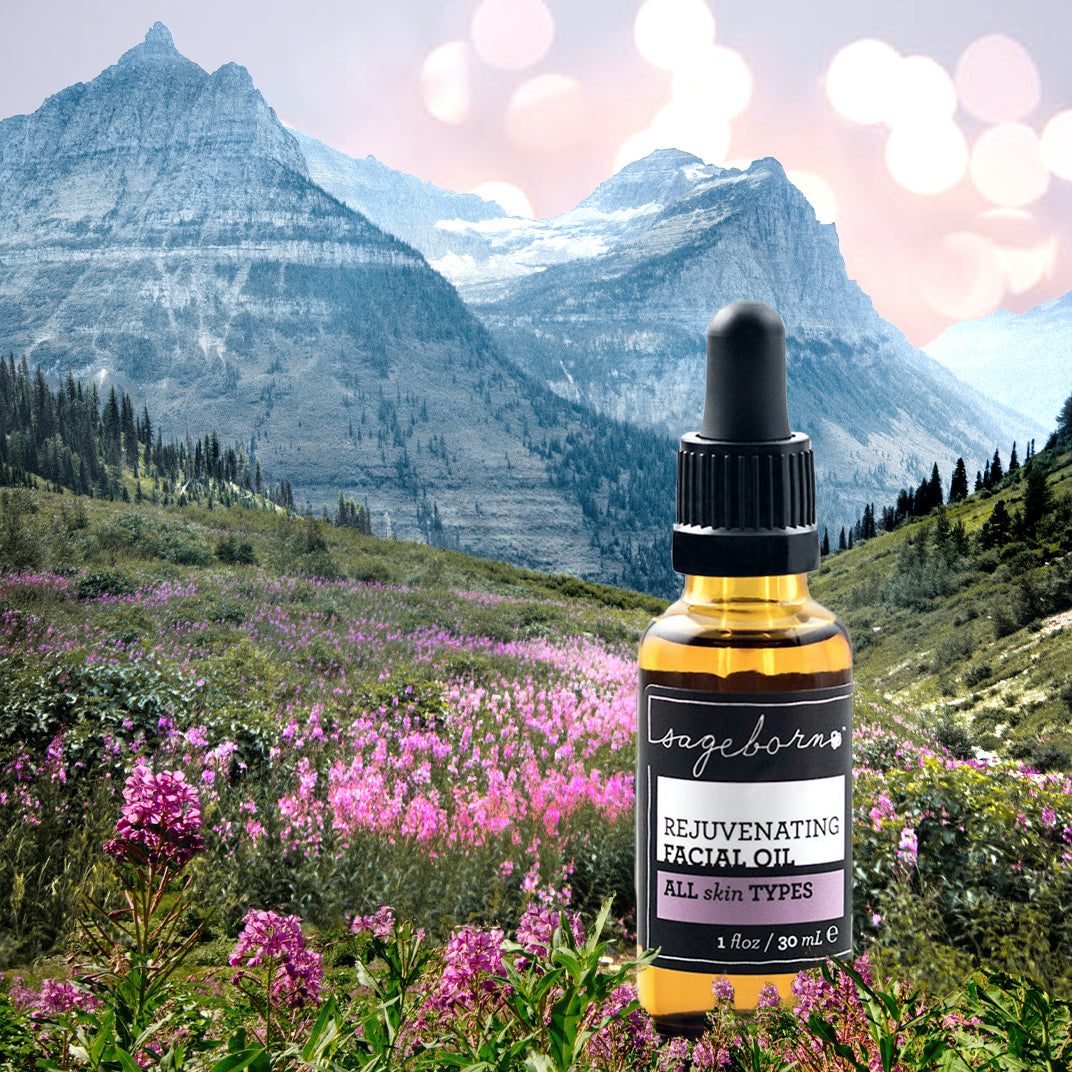 Rejuvenating Facial Oil organic skin care, scenic background