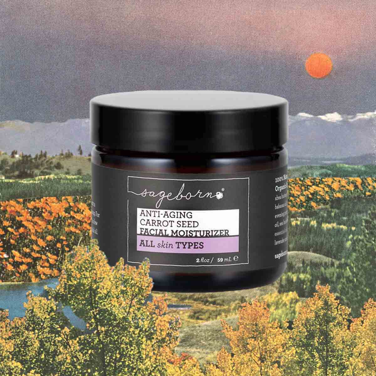 Anti-Aging Carrot Seed Facial Moisturizer organic skin care, jar with scenic backgound