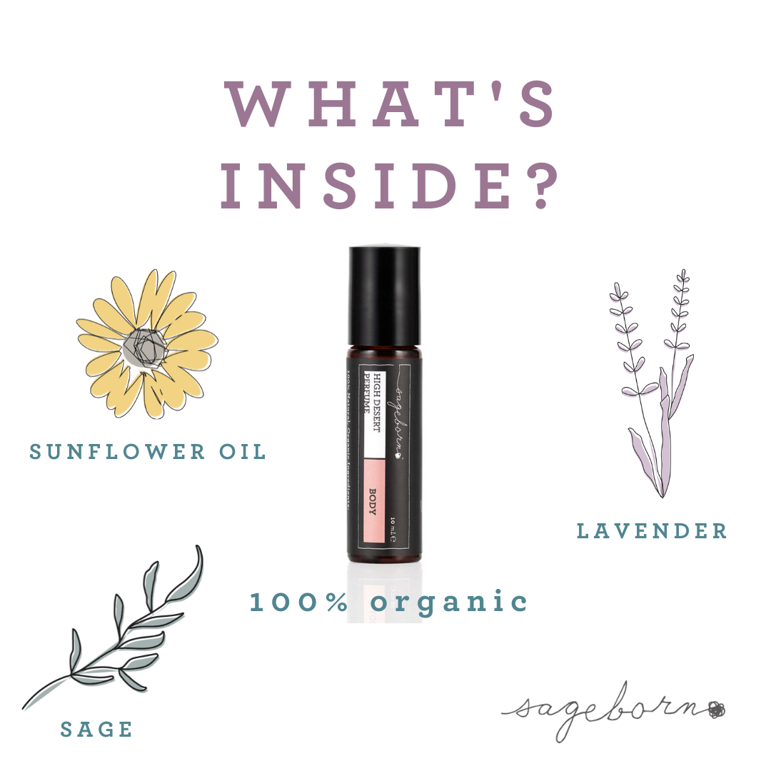 High Desert Perfume organic skin care, bottle with icons of ingredients