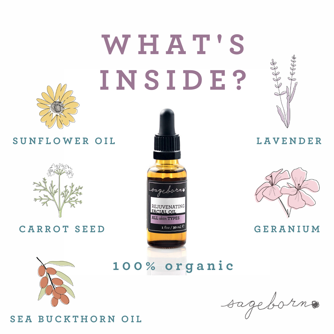 Rejuvenating Facial Oil organic skin care, with ingredient icons