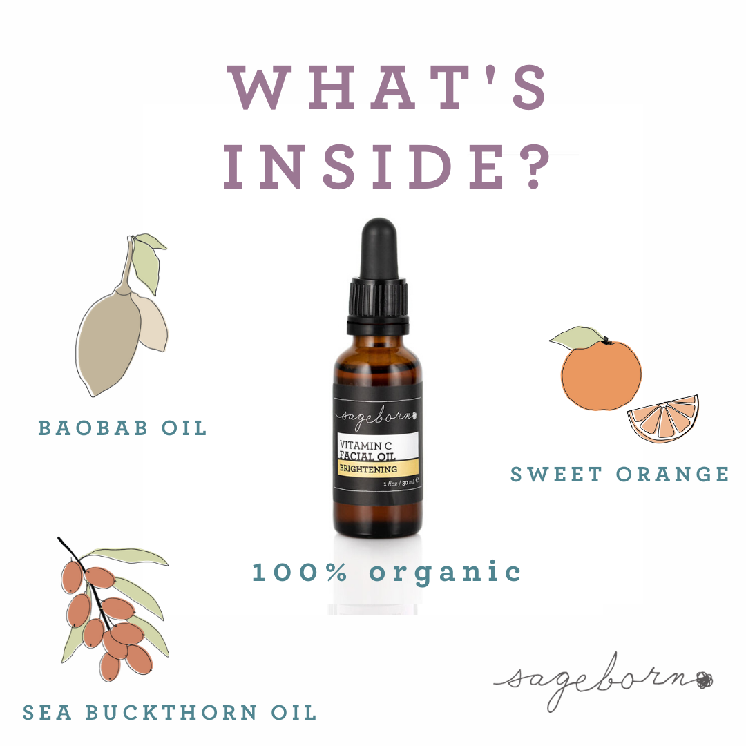 Vitamin C Facial Oil organic skin care, bottle with icons of ingredients